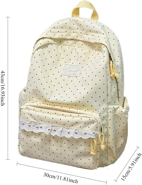 Cute Polka Dot Backpack with Lace Details and Bow, Spacious Laptop Backpack for School, Commuting, and Travel Blue