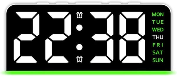 Digital LED Alarm Clock with Large Screen, Dimmable Display, Ambient RGB Lighting & Battery Backup White+Green