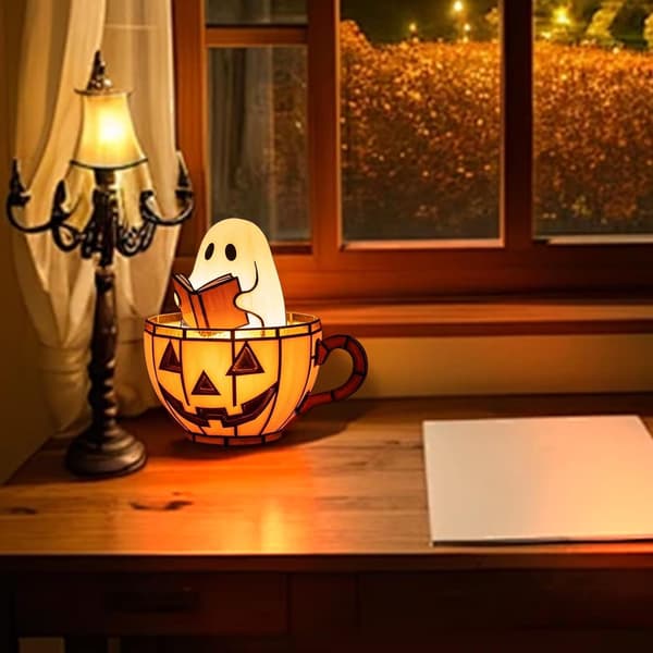 Halloween Decoration with Reading Ghost in Pumpkin Bathtub, Battery-Powered Gothic Style Lamp for Table, Shelf, and Home Battery