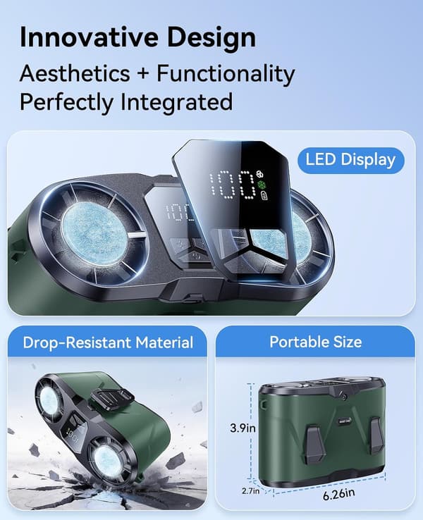 Bærbar talje-airconditionventilator, dobbeltmotor køleventilator med LED-display til udendørs arbejde og rejser Grey