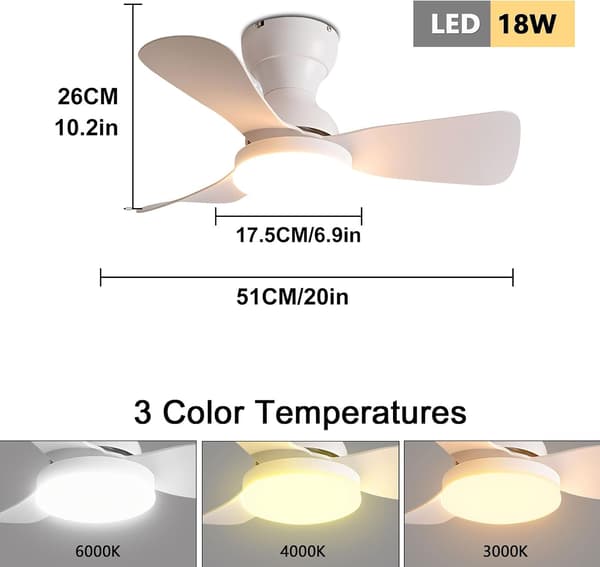 Ceiling fan with light 51/71/92 cm, 6 speeds, quiet DC motor, remote control and low profile for bedroom White 92cm-Wall Control