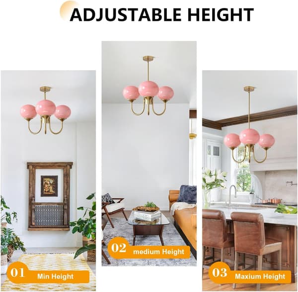 3-lys glasglobus lysekrone - Vintage pendel til pigeværelse, lyserøde varme pærer - A 3-head pink - warm light-A