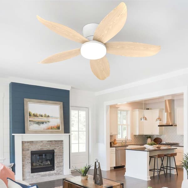 Ceiling fan with light 65/95/110 cm, 5 blades, remote control, 6 speeds, silent DC motor and reversible function White & Wood Grain 110cm