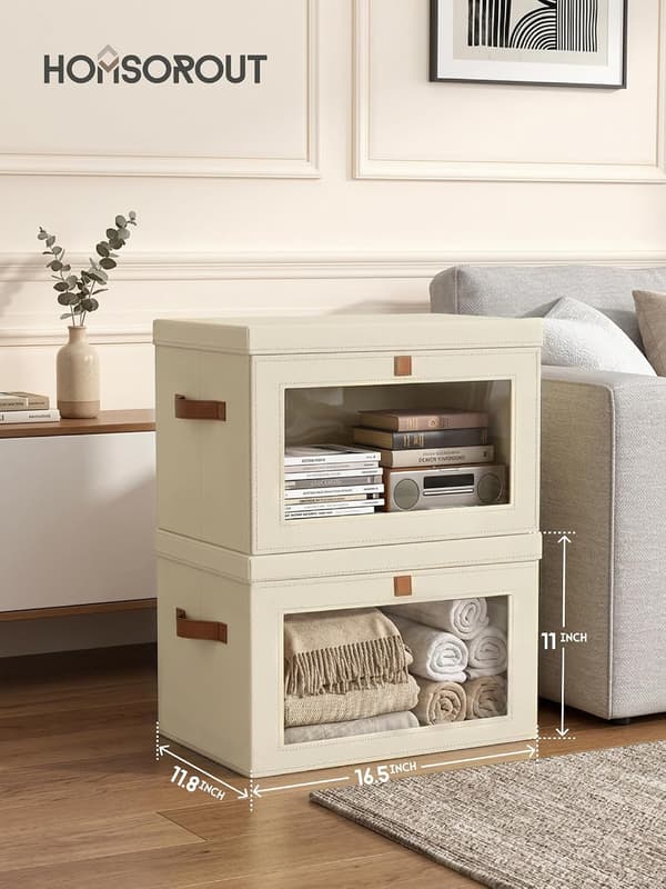 Fabric Storage Boxes 2/4/6 pcs, Foldable Bins with Handles and Window for Clothes and Home Grey 2 Pack