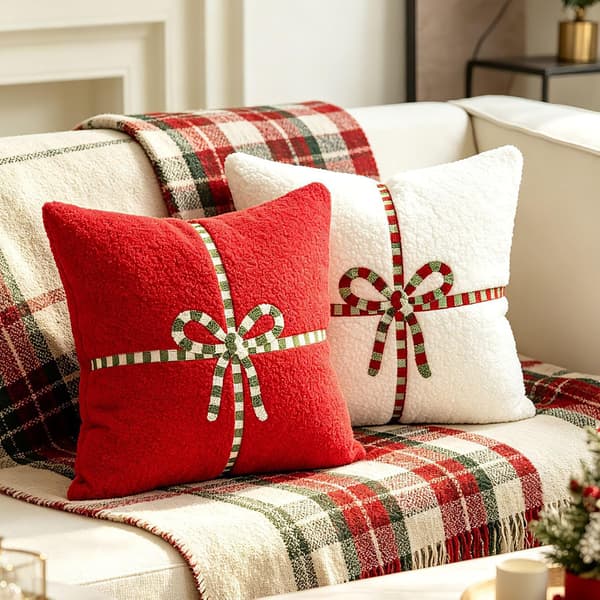 2 White Christmas Pillowcases 45x45 cm, Soft Covers with Gift Bow, Christmas Decoration for Sofa and Bed Red 2PCS