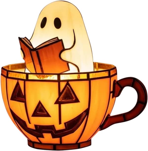 Halloween Decoration with Reading Ghost in Pumpkin Bathtub, Battery-Powered Gothic Style Lamp for Table, Shelf, and Home Battery