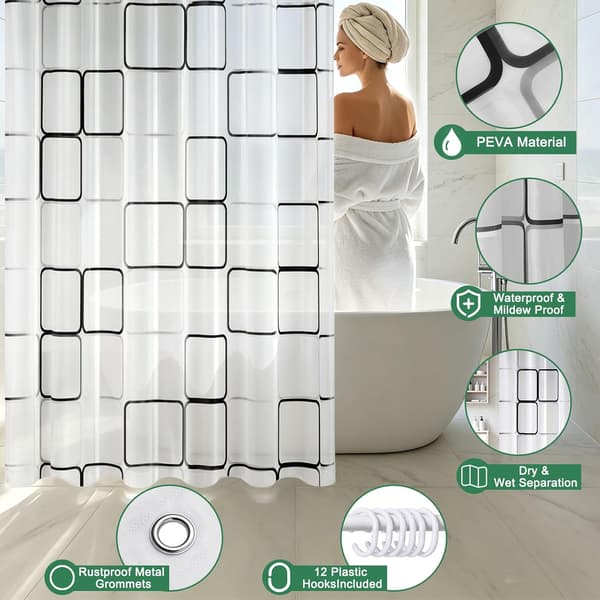 Plaid badeforhæng 180x200 vandtæt - Polyester 12 kroge maskinvaskbart Black + White