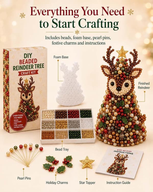 Christmas Tree DIY Bead Craft, 3D Handmade Christmas Decoration with Glittering Beads and Star Topper for Table Fox