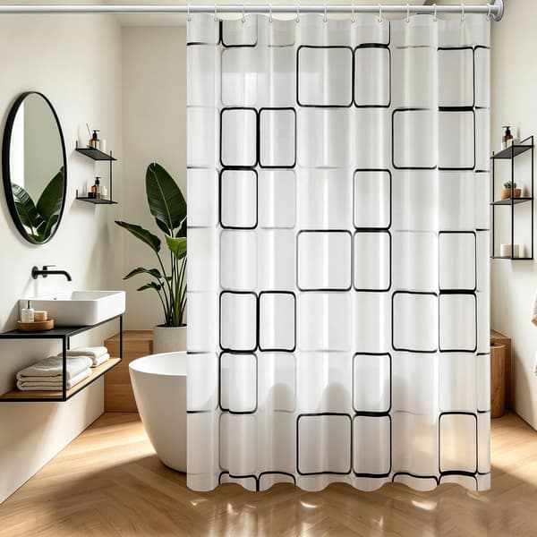 Plaid badeforhæng 180x200 vandtæt - Polyester 12 kroge maskinvaskbart Black + White