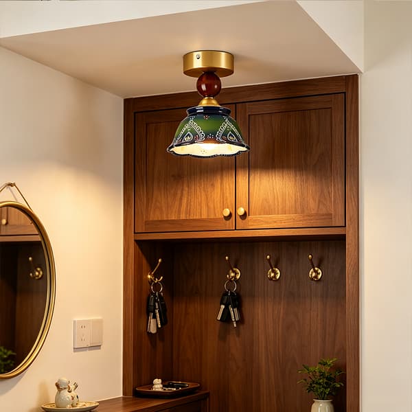 Taklampe, blomsterkeramisk skjerm, retro boho-stil, skoggrønn, E27, varmt lys