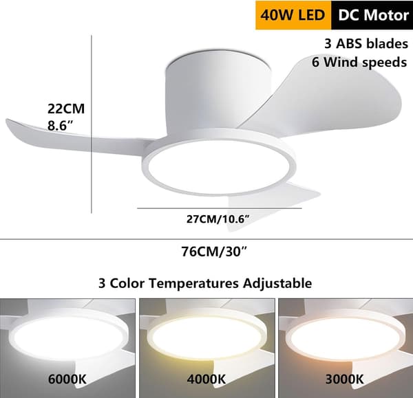 Ceiling fan with LED lighting 76 cm, 40 W, remote control, wall switch, 6 speeds and 3 ABS blades, for bedroom White 76cm-Dual Control