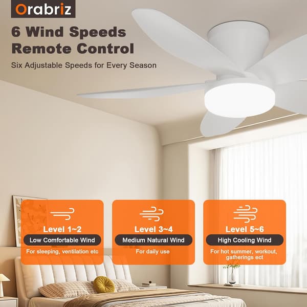 Ceiling fan with lamp 63/108 cm, 40 W, 5 ABS blades, remote control, 6 speeds, dimmable LED and quiet motor White 63cm