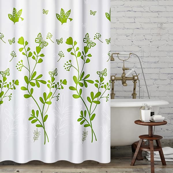 Fjärilsblommig duschdraperi 180x200 - Vattentät polyester 12 krokar Green + White