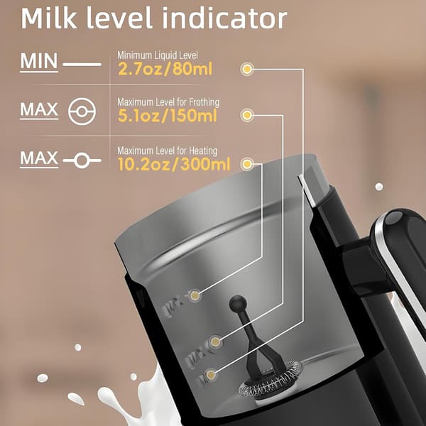4-i-1 Mælkeskummer 300ml Sort - Elektrisk Stille Varm Kold Black