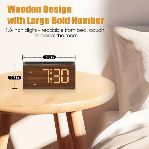 Wooden Digital Alarm Clock for Bedside Table – USB Port, Adjustable Volume, Amber Digits, DST Support, Brown Brown