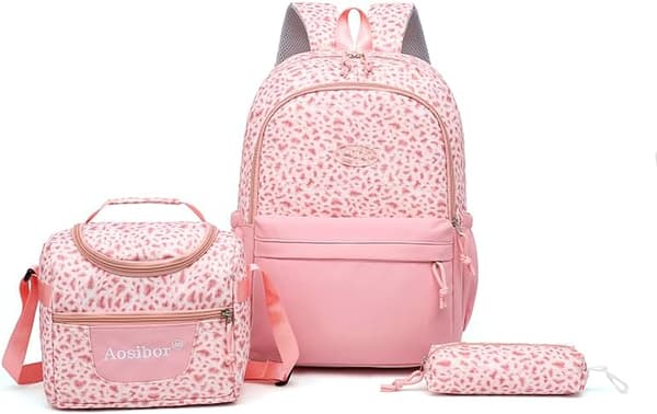 Leopard Backpack for Women 3-in-1, Large Daypack with Insulated Lunch Bag and Practical Storage Pouch Pink