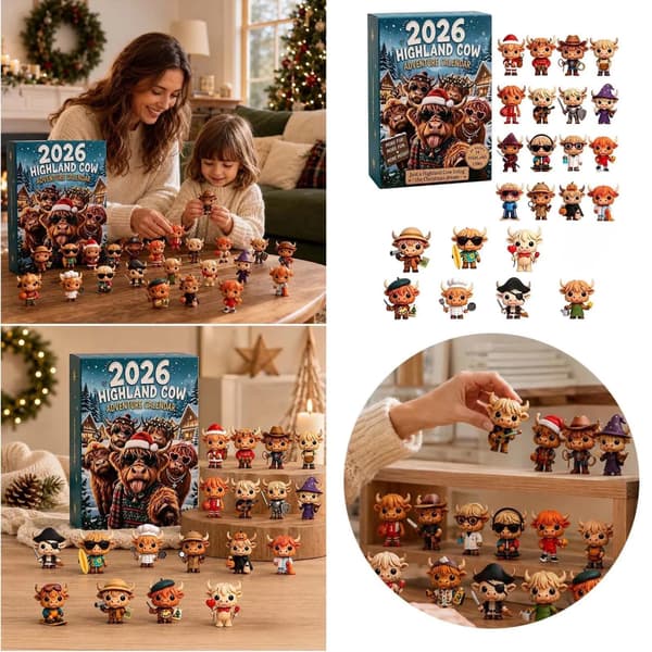 2026 Highland Ku Adventskalender, 24 Mini 3D-figurer, Nedtelling til Jul Dekorasjon