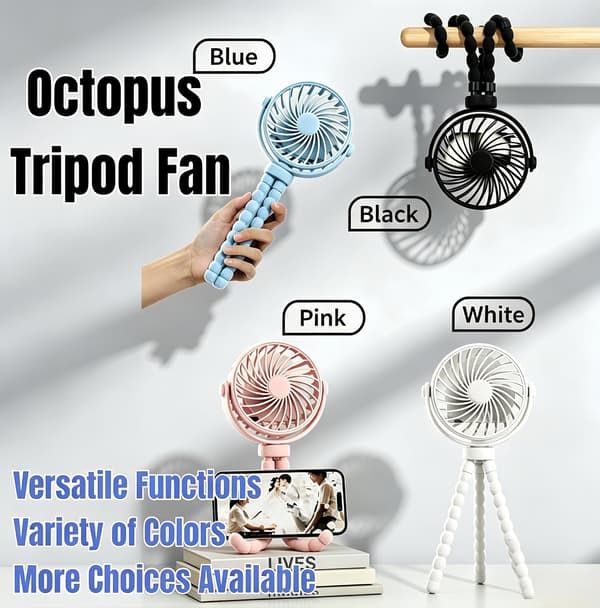 Octopus Mini Clip Ventilator, USB Genopladelig Fleksibel Stativventilator med Telefonholder til Indendørs og Udendørs Brug Black