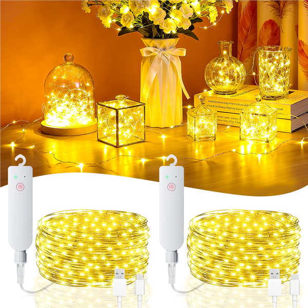 5M Uppladdningsbar LED-slinga 2-pack - Varmvit Timer Glittrande för Jul Bröllop Yellow 2 PC-5 meters