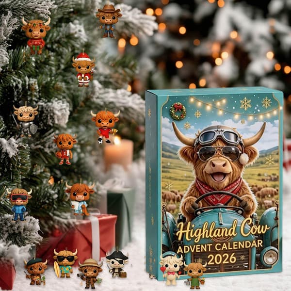Højlandskvæg Julekalender, 24 Mini Figurer at Opdage, Julepynt