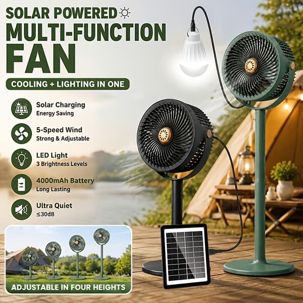 Genopladelig Solar Ventilator til Autocamper, Justerbar Højde Gulvventilator med USB-opladning og Stærk Luftstrøm Green