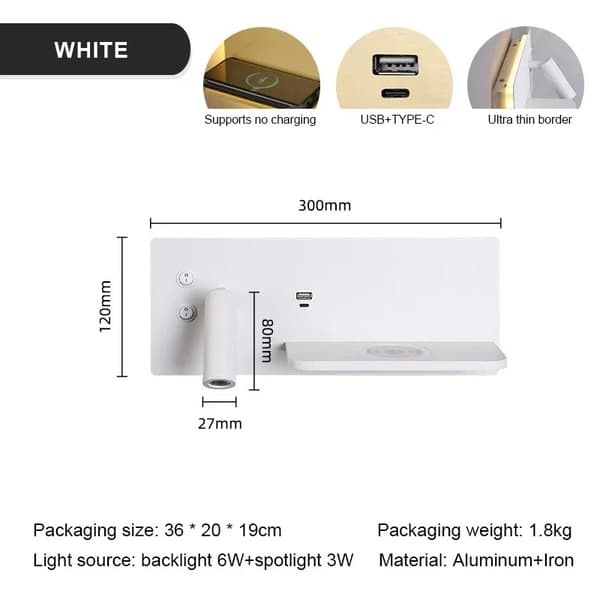LED-vegglampe til soverom med trådløs lader, USB-port, hylle og leselys, multifunksjonell sengelampe Black Left