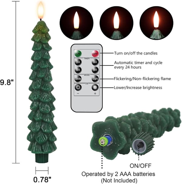 4-pack Green Flameless LED Christmas Tree Shaped Candles, Remote Control and Timer, Battery Operated for Christmas Table and Home 4-PACK