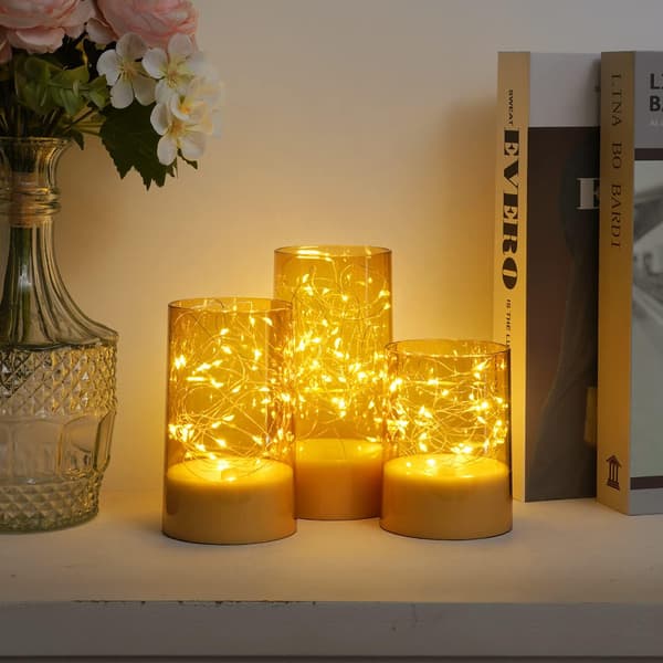 3-pack flameless LED decorative lights with built-in light string, remote control and timer for romantic table decoration Transparent