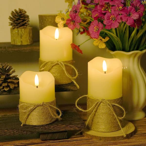 3-pack Rustic Flameless LED Candles with 3D Wick, Flickering Effect, Remote Control and Timer for Wedding, Party and Home Swinging+Rechargeable Remote