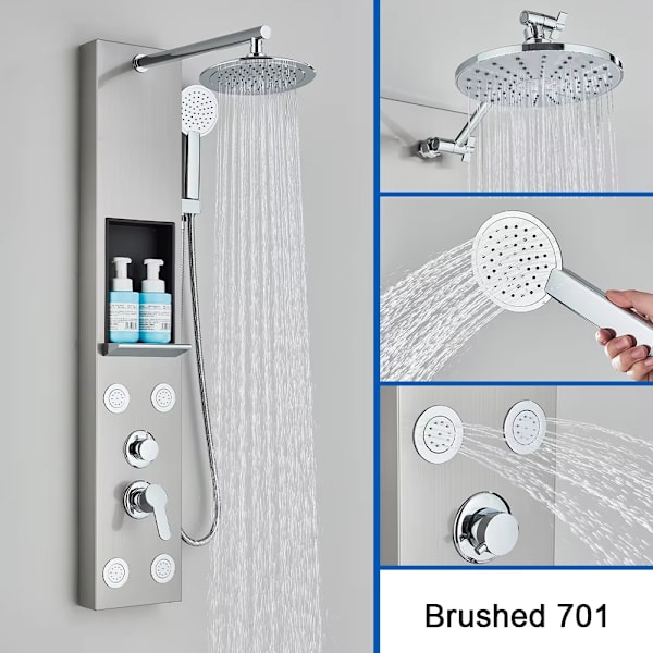 Duschsystem i borstad nickel - Vattenfall, massagestrålar, väggmonterad panel Silver Silver