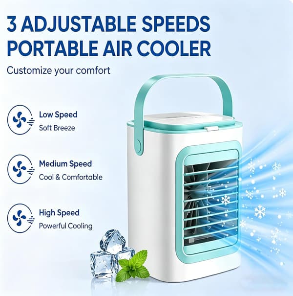 Mini Fordampende Klimaanlæg, Skrivebordskøleventilator med Touch-kontrol og Befugterfunktion White & Blue