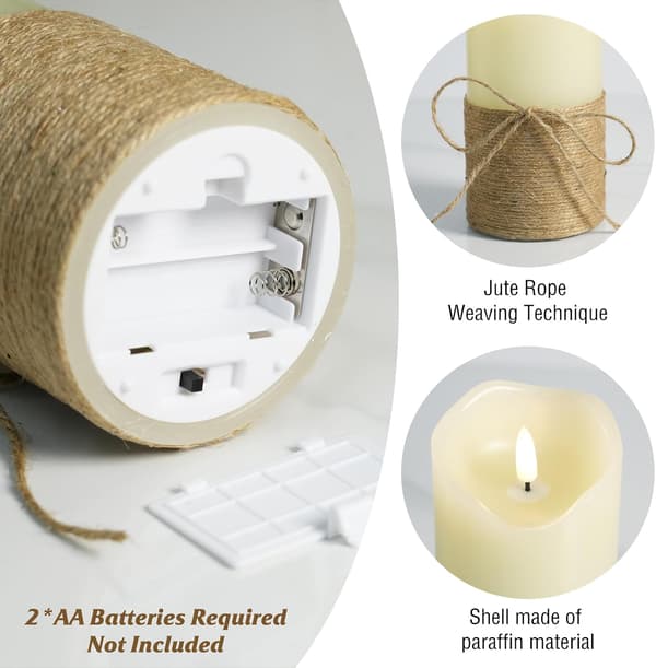 3-pack Rustic Flameless LED Candles with 3D Wick, Flickering Effect, Remote Control and Timer for Wedding, Party and Home Swinging + Remote Control