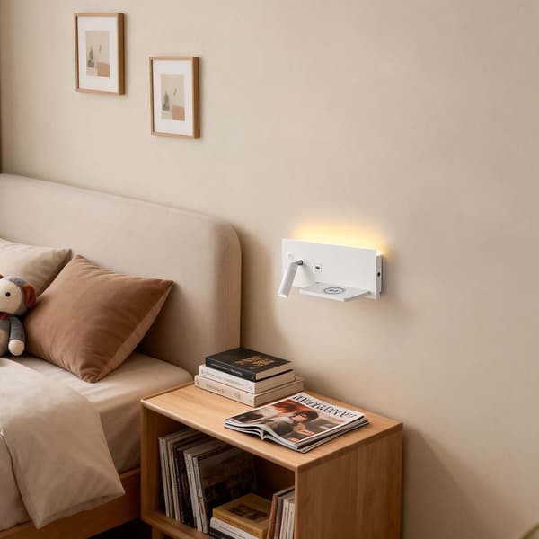 LED-vegglampe til soverom med trådløs lader, USB-port, hylle og leselys, multifunksjonell sengelampe White Left