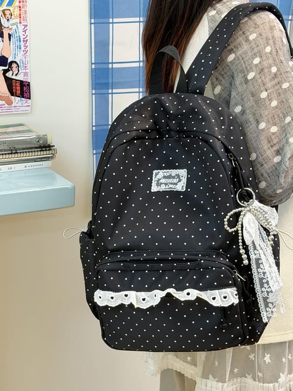 Cute Polka Dot Backpack with Lace Details and Bow, Spacious Laptop Backpack for School, Commuting, and Travel Black