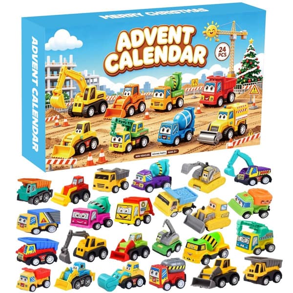 24-dagers adventskalender 2026 med pull-back-biler, lekebiler og lastebiler, søte kjøretøy for barn, blå