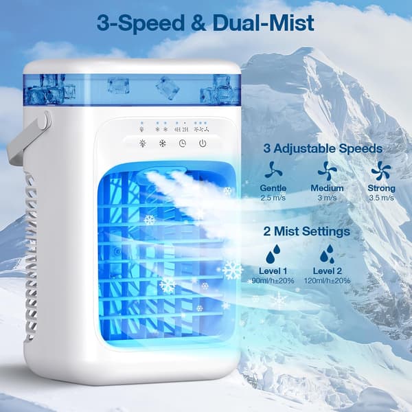 Bærbar luftkjølervifte, 3-i-1 minikjøler med 1000 ml tank, 2 tåkemoduser, LED-lys, timer for hjem og camping White