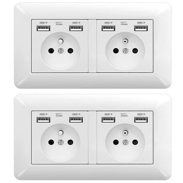1/2 pcs Double Wall Socket 16A – 4 USB Ports 5V/2.1A, Recessed, Home and Office 2pcs