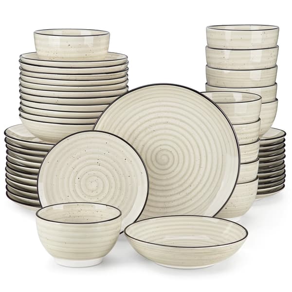 48 delar beige stengods middagsset - handmålade spiral tallrikar skålar soppdessert 48 PCS