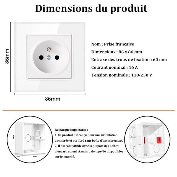 1/2/4 pcs Wall Socket 16A with Switch – Flush Mounted 240V French Standard, White 2pcs