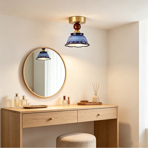 Taklampe, blomsterkeramisk design, retro boho-stil, blågrønn, E27, lyspære ikke inkludert