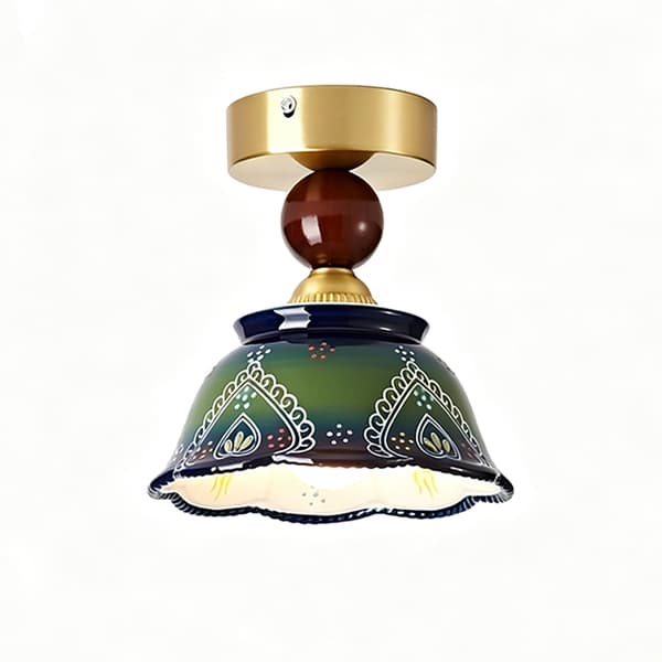 Taklampe, blomsterkeramisk skjerm, retro boho-stil, skoggrønn, E27, varmt lys