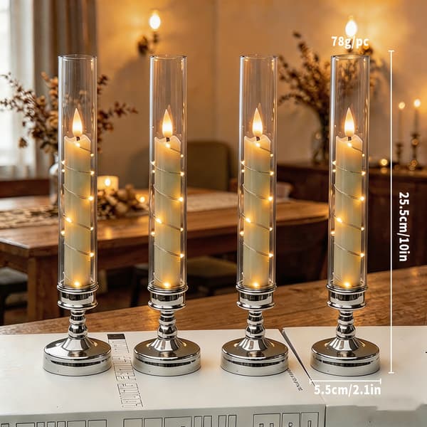 4-pack LED-ljus 25,5 cm med hållare - flimrande silver för jul, halloween, bröllop Silver Without remote control