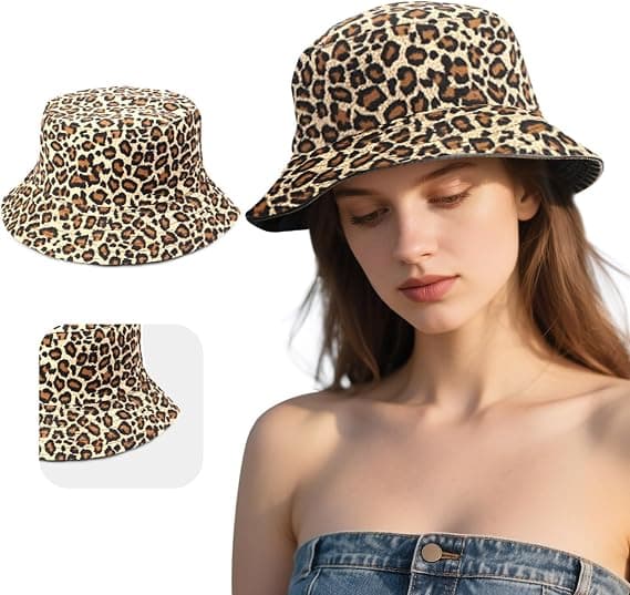 Solhatt med leopardmönster för kvinnor och män, vändbar bucket-hatt, packbar utomhusfiskehatt Red