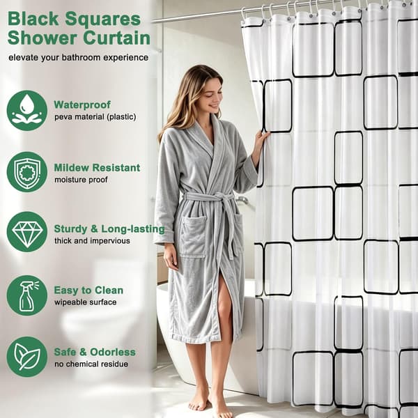 Plaid badeforhæng 180x200 vandtæt - Polyester 12 kroge maskinvaskbart Black + White