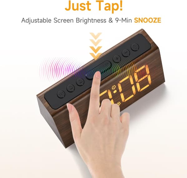 Wooden Digital Alarm Clock for Bedside Table – USB Port, Adjustable Volume, Amber Digits, DST Support, Brown Yellow
