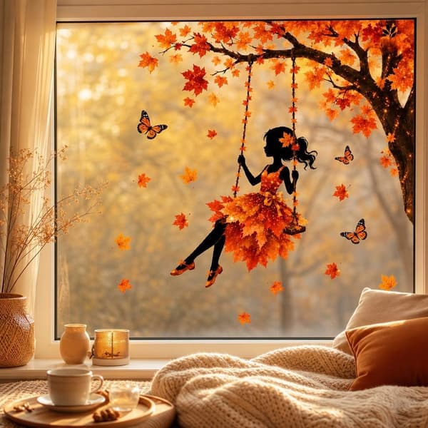 Reusable Autumn Window Decals, Static Cling Stickers with Leaves and Home Decor JD33167-2pcs