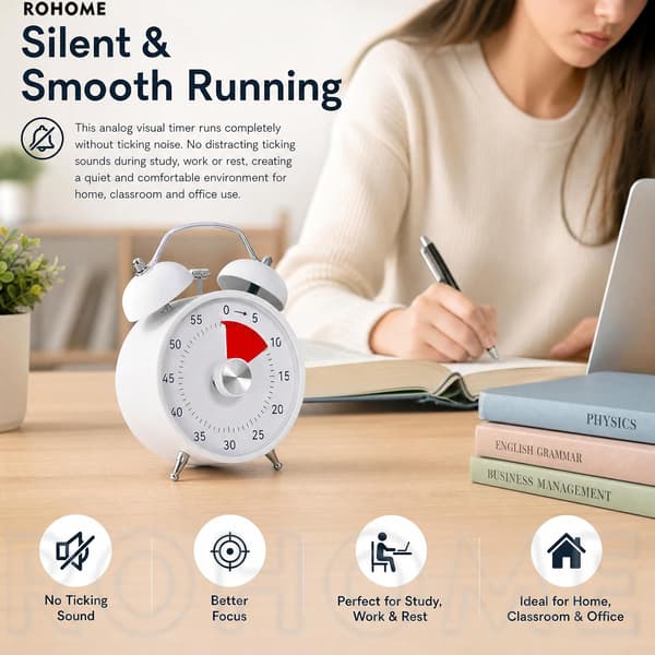 Analog Visual Timer 60 Minutes, Silent Countdown Timer with Dual Alarm for Classroom, Study, Cooking, and Time Management Black