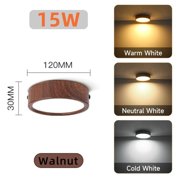 2-pakning LED-taklamper, 15W rund overflatemontering, 3 fargetemperaturer, ultratynn, valnøttfarget 15W