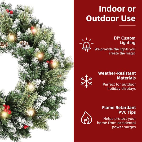 Kunstig julekrans 50 cm med lys - Røde bær Hvide blade Style 3 - With light