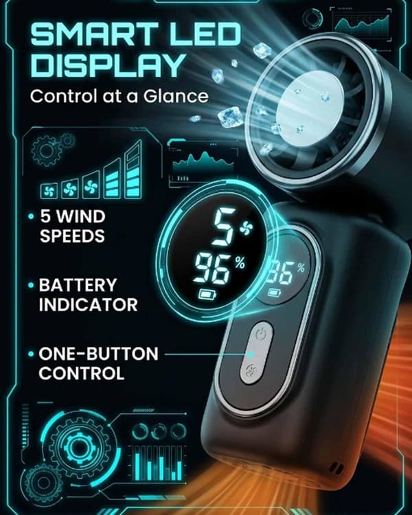 2-pak Mini Håndblæser, 13500RPM Turboblæser, 5 Hastigheder, LED-Display, 360° Roterbar til Kontor Black+Pink